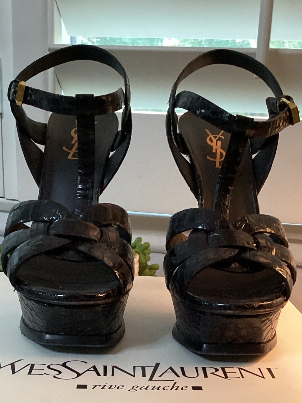 Yves Saint Laurent Tribute 105 Platform in Black Croc Embossed Leather